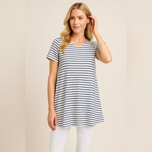 Attitudes by Renee Tunic Navy White Stripe LP Petite length